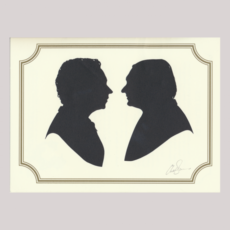 
        Front of silhouette, on the right a man looking left, on the left a man looking right.